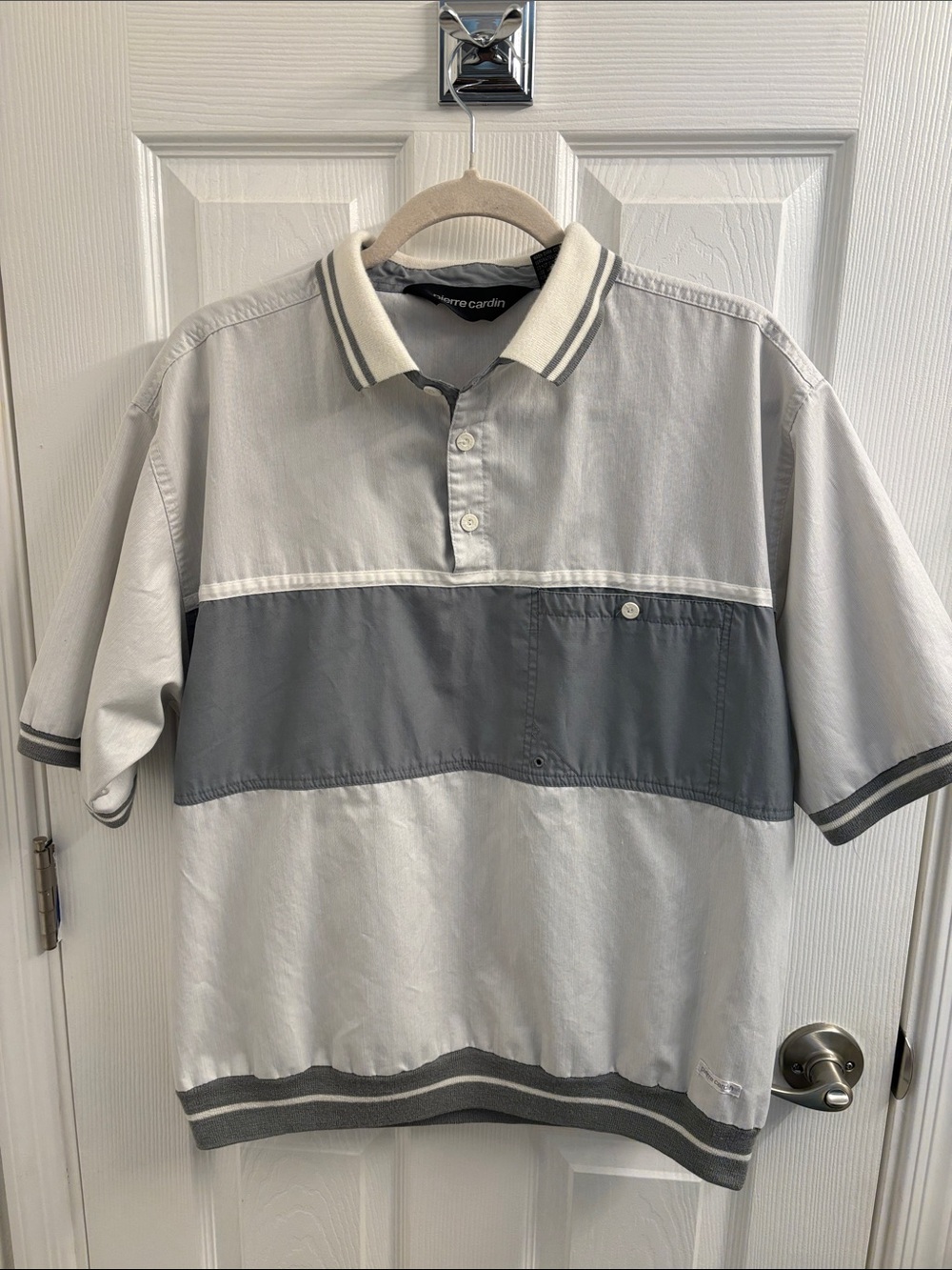 Men's Vintage Pierre Cardin Light Gray and Dark Gray Striped Block Polo- L